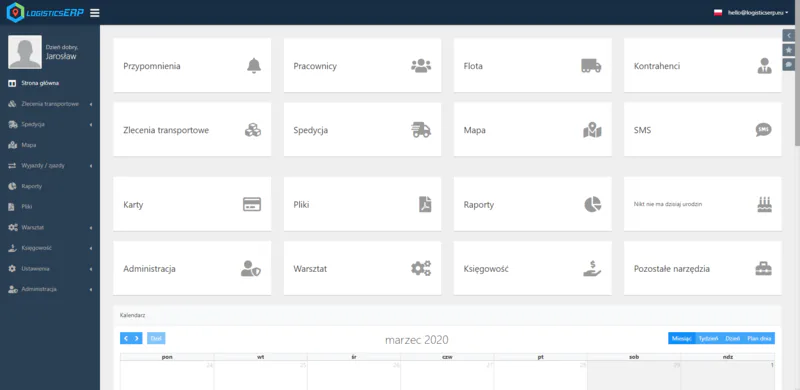 Dashboard von LogisticsERP mit Modulkacheln: Erinnerungen, Mitarbeiter, Fuhrpark, Partner, Transportaufträge, Spedition und Karte