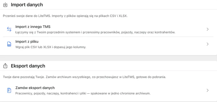 Datenimport und -export in LiteTMS: Import aus einem anderen TMS, Import aus einer CSV- oder XLSX-Datei und Anforderung eines Datenexports