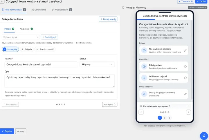 Editor für eine regelmäßige Fahrzeugprüfung in LiteTMS mit Vorschau des Formulars in der Fahrer-App