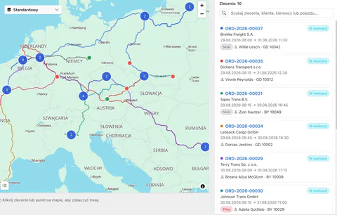 Auftragskarte in LiteTMS: Routen und Stopps aller Aufträge des Tages in einer Ansicht
